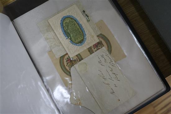 A collection of Victorian greeting cards, fashion cut outs etc